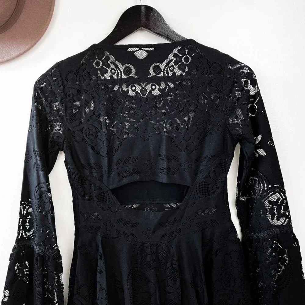 Free People Black Lace Long Sleeve Mini Dress